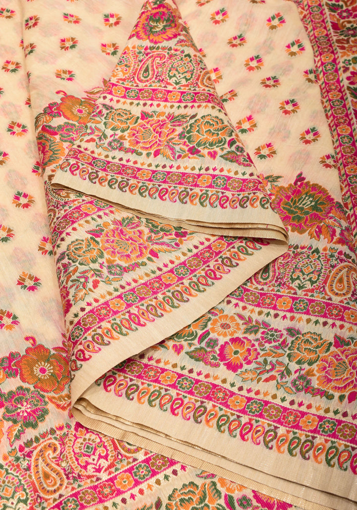 Beige Rayon Saree in Kani Style with wide Floral Borders