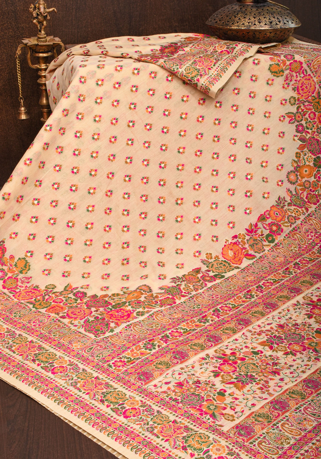 Beige Rayon Saree in Kani Style with wide Floral Borders