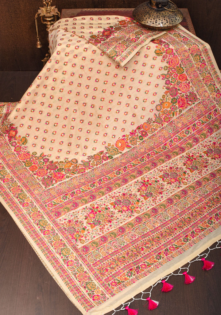 Beige Rayon Saree in Kani Style with wide Floral Borders
