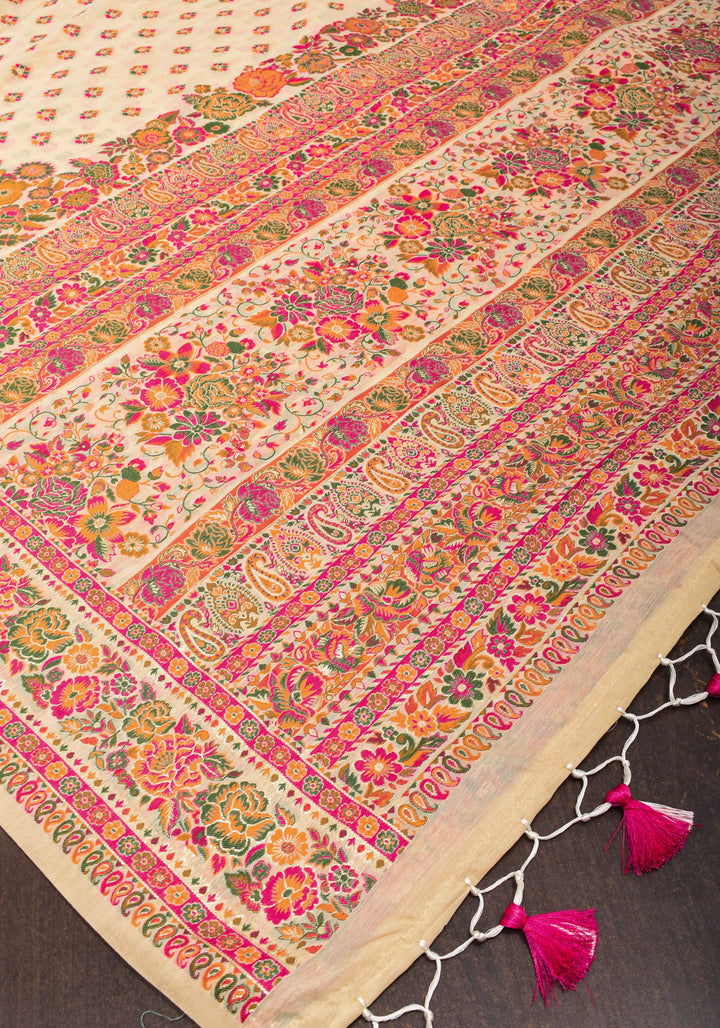 Beige Rayon Saree in Kani Style with wide Floral Borders