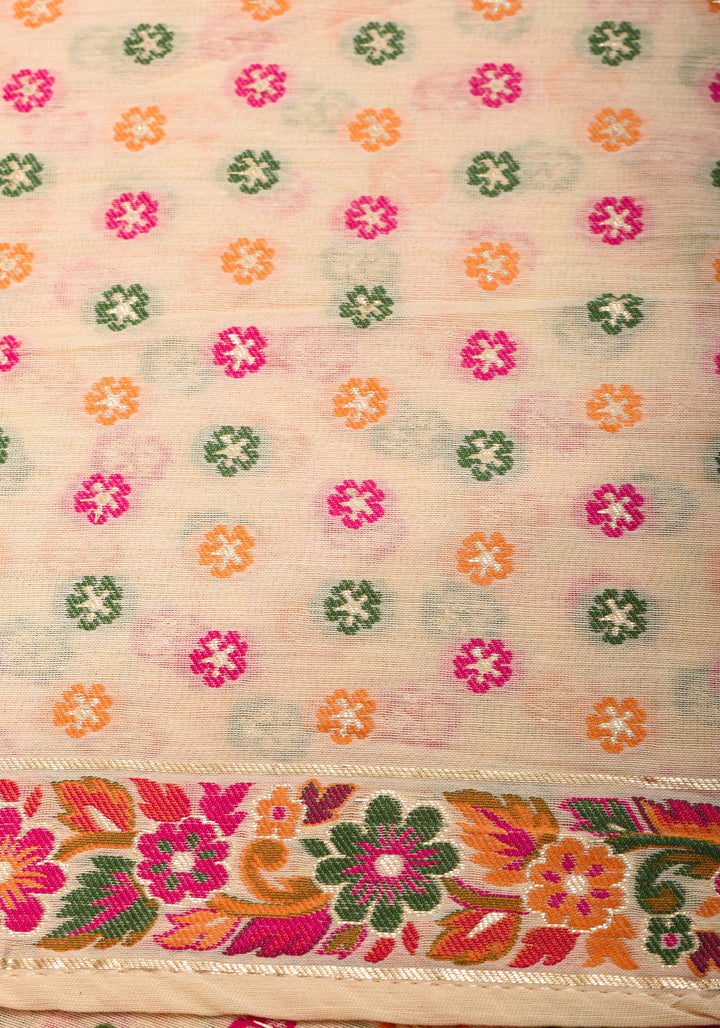 Beige Rayon Saree in Kani Style with wide Floral Borders