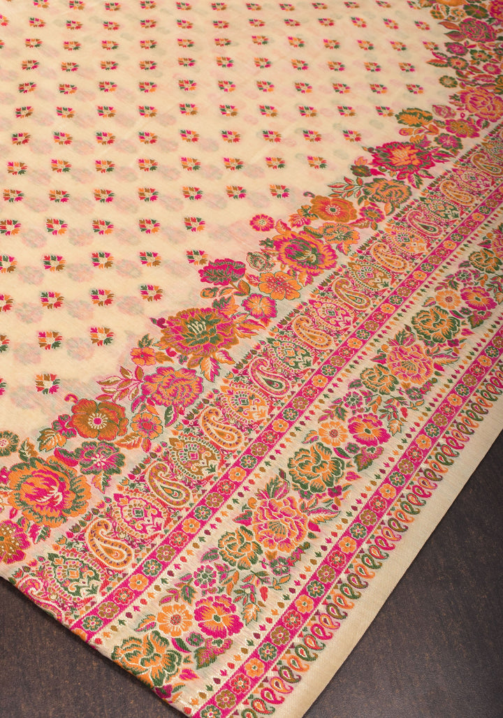 Beige Rayon Saree in Kani Style with wide Floral Borders