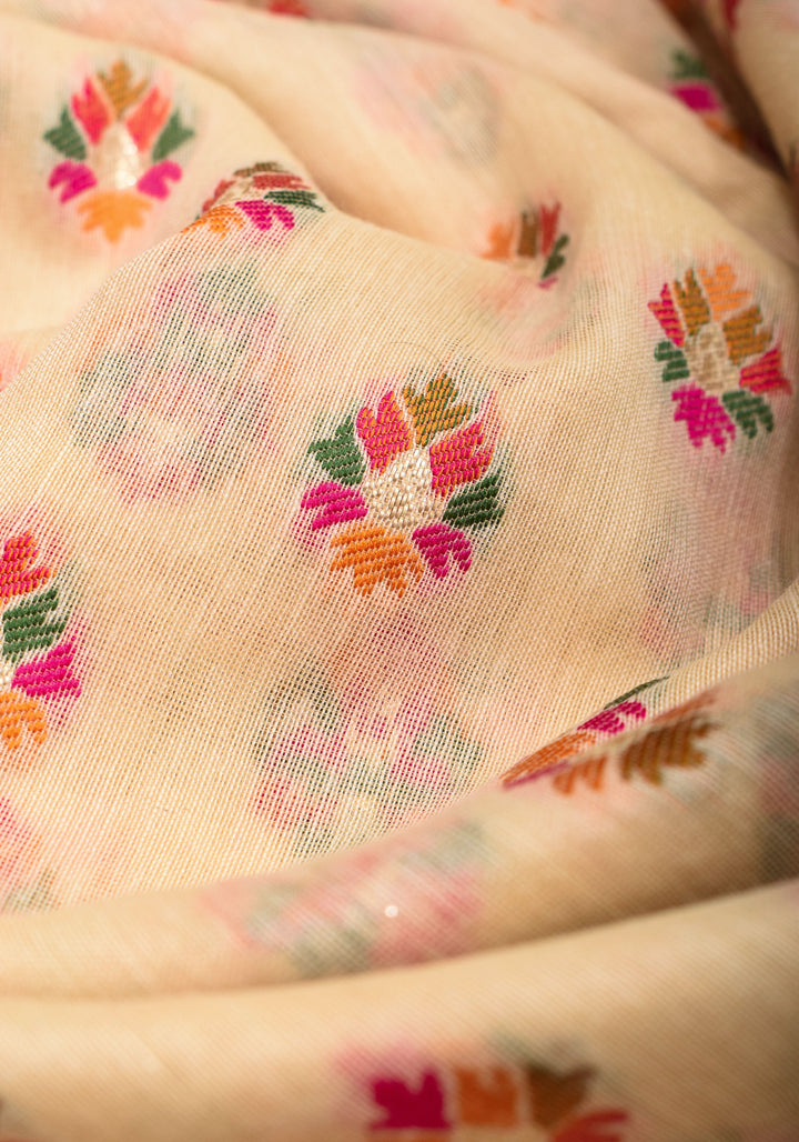 Beige Rayon Saree in Kani Style with wide Floral Borders