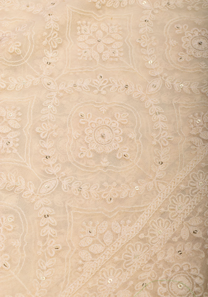 Ivory Georgette Saree with Self Embroidery and Amber Satin Trim