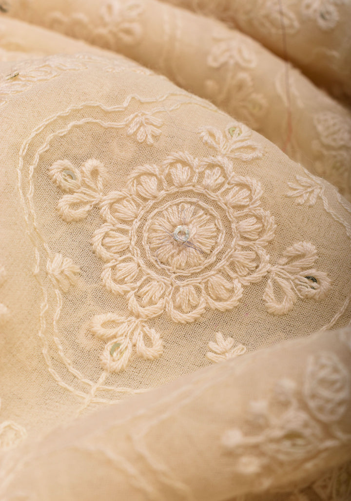 Ivory Georgette Saree with Self Embroidery and Amber Satin Trim