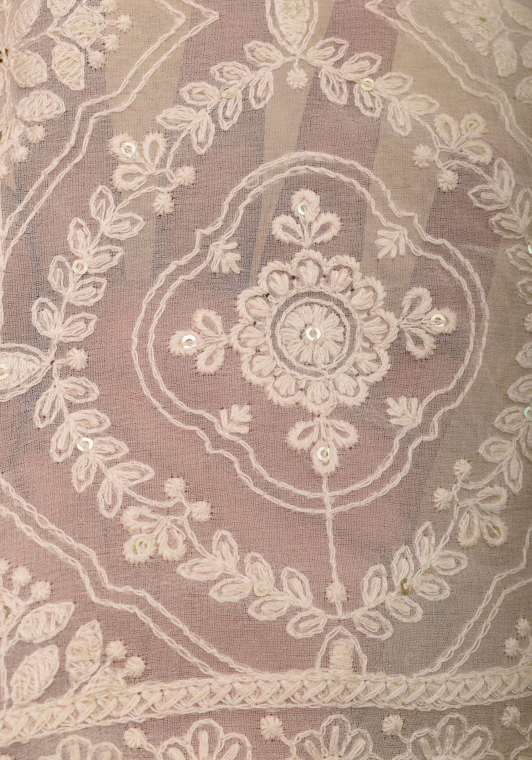 Ivory Georgette Saree with Self Embroidery and Amber Satin Trim