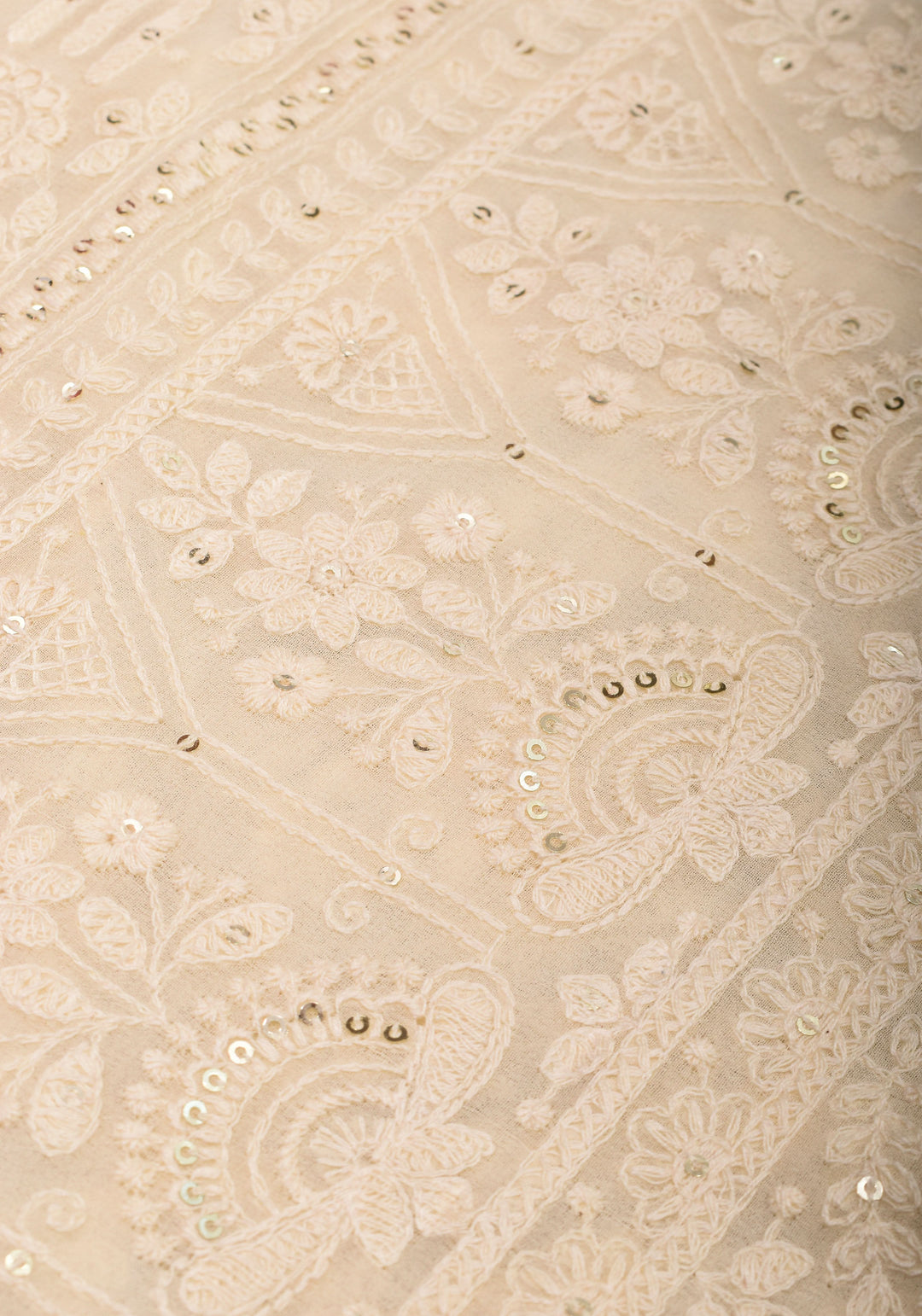 Ivory Georgette Saree with Self Embroidery and Amber Satin Trim