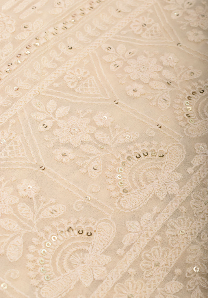 Ivory Georgette Saree with Self Embroidery and Amber Satin Trim