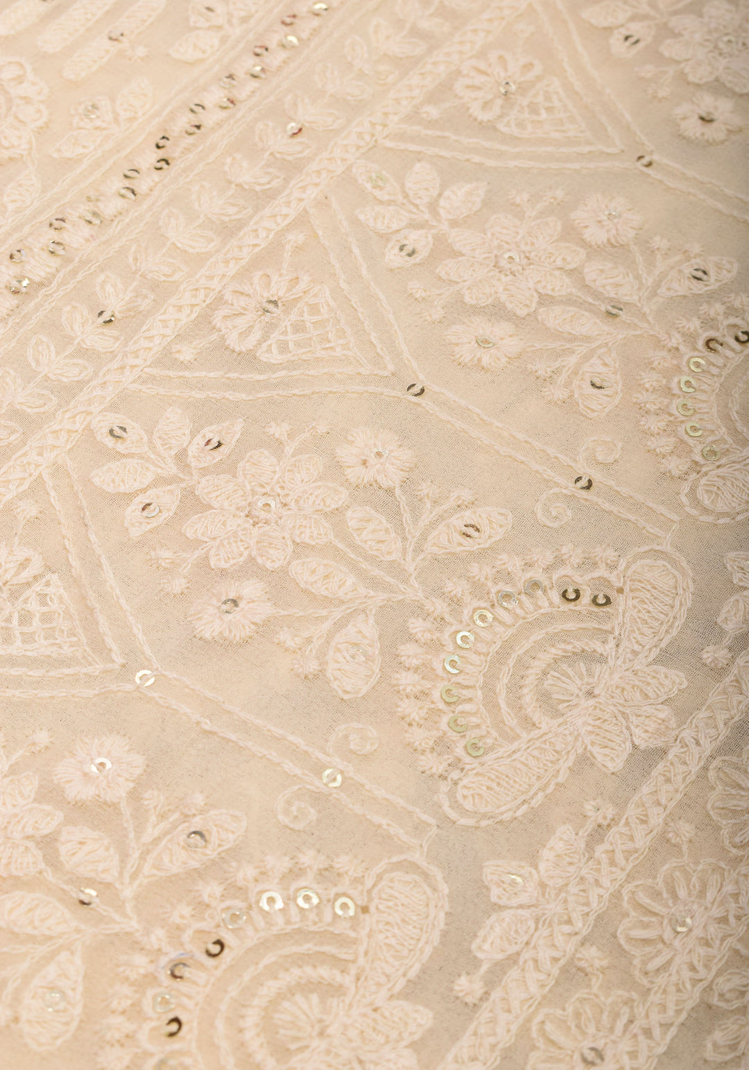 Ivory Georgette Saree with Self Embroidery and Amber Satin Trim