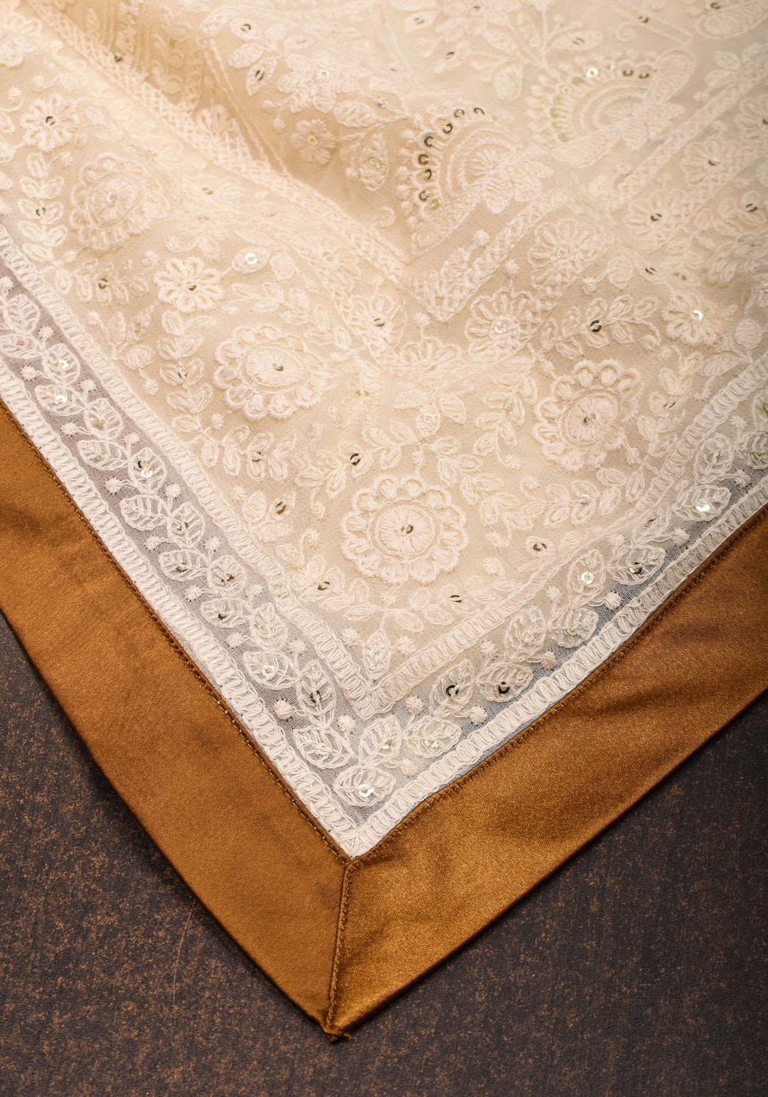 Ivory Georgette Saree with Self Embroidery and Amber Satin Trim