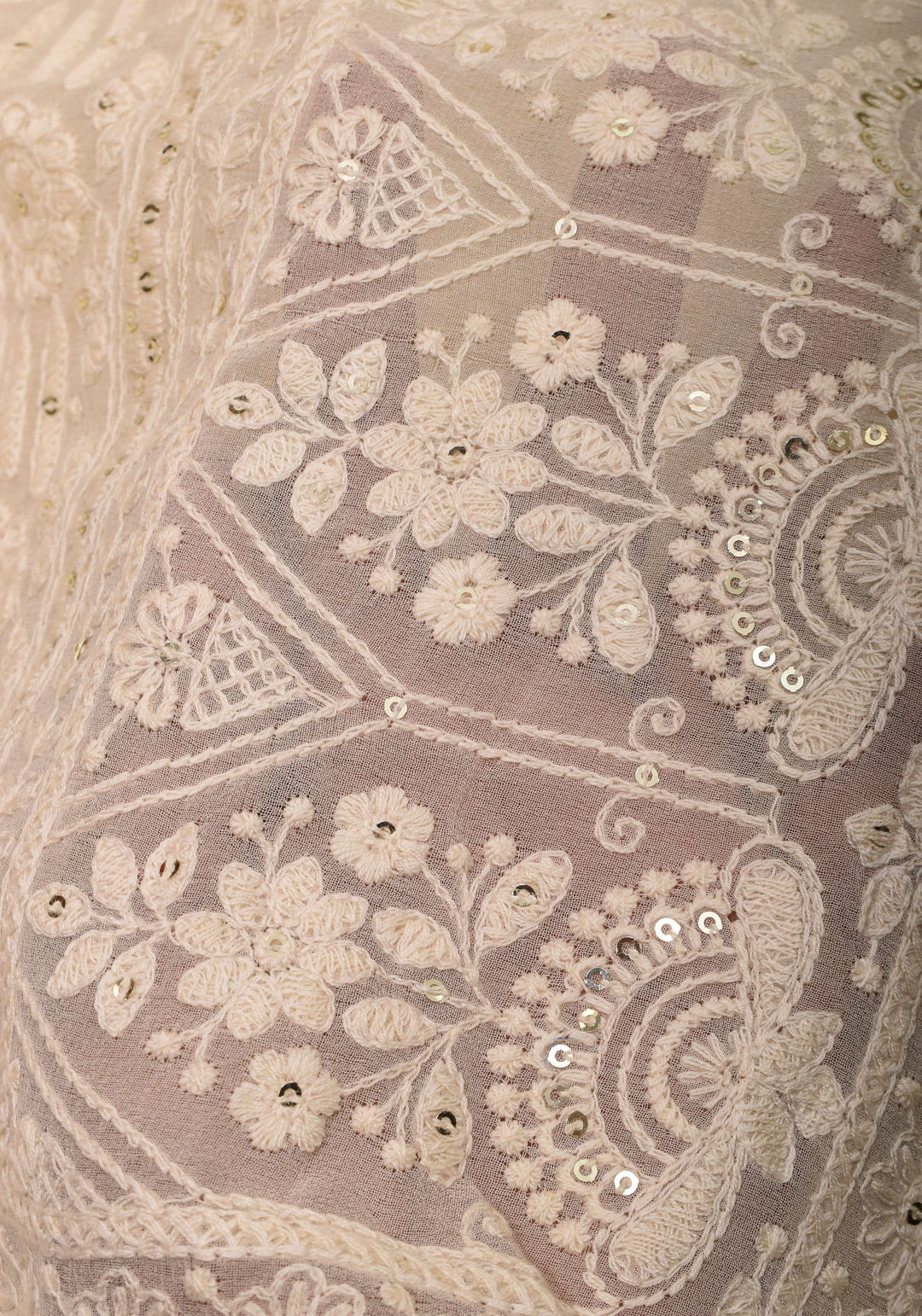 Ivory Georgette Saree with Self Embroidery and Amber Satin Trim
