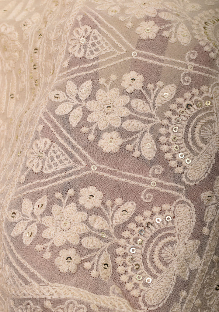 Ivory Georgette Saree with Self Embroidery and Amber Satin Trim