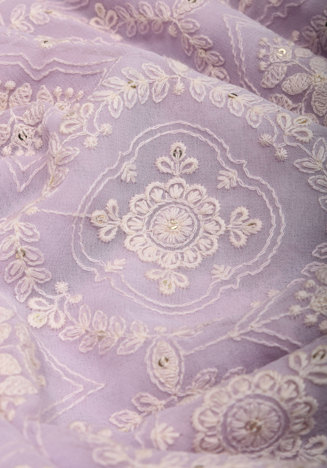Lilac Georgette Saree with Self Embroidery and Contrasting Satin Trim | SHOBITAM