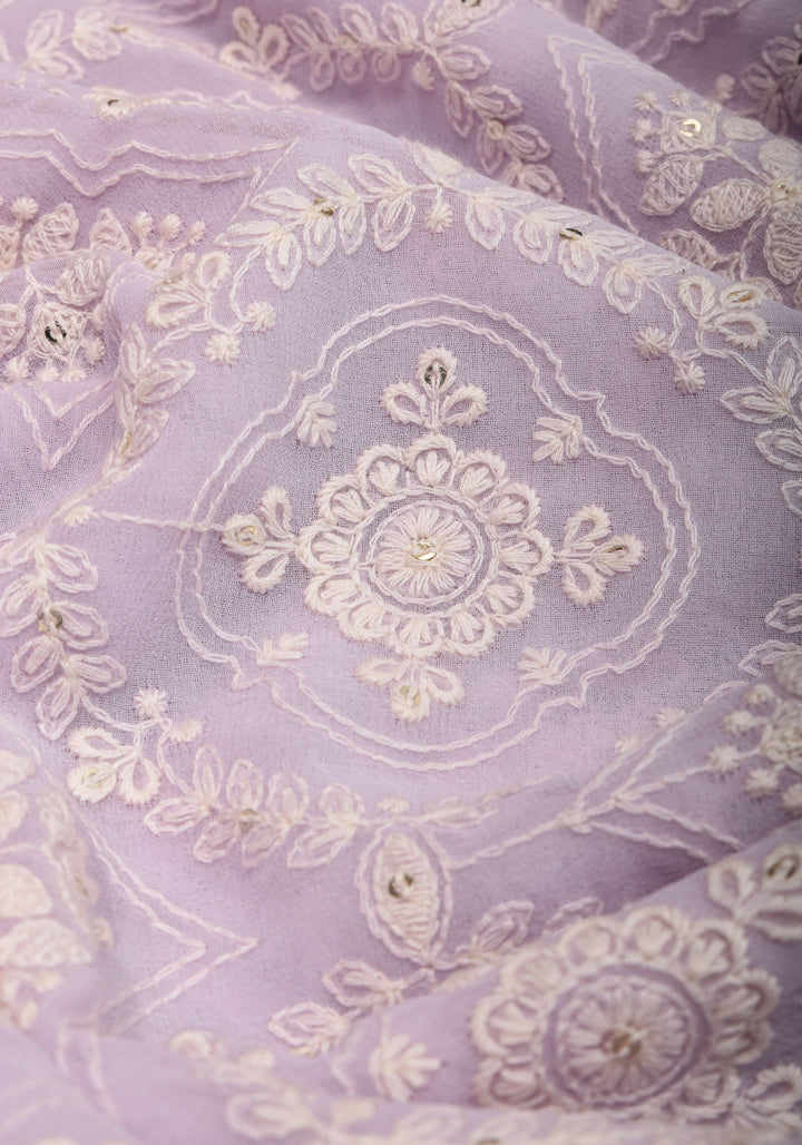 Lilac Georgette Saree with Self Embroidery and Contrasting Satin Trim | SHOBITAM