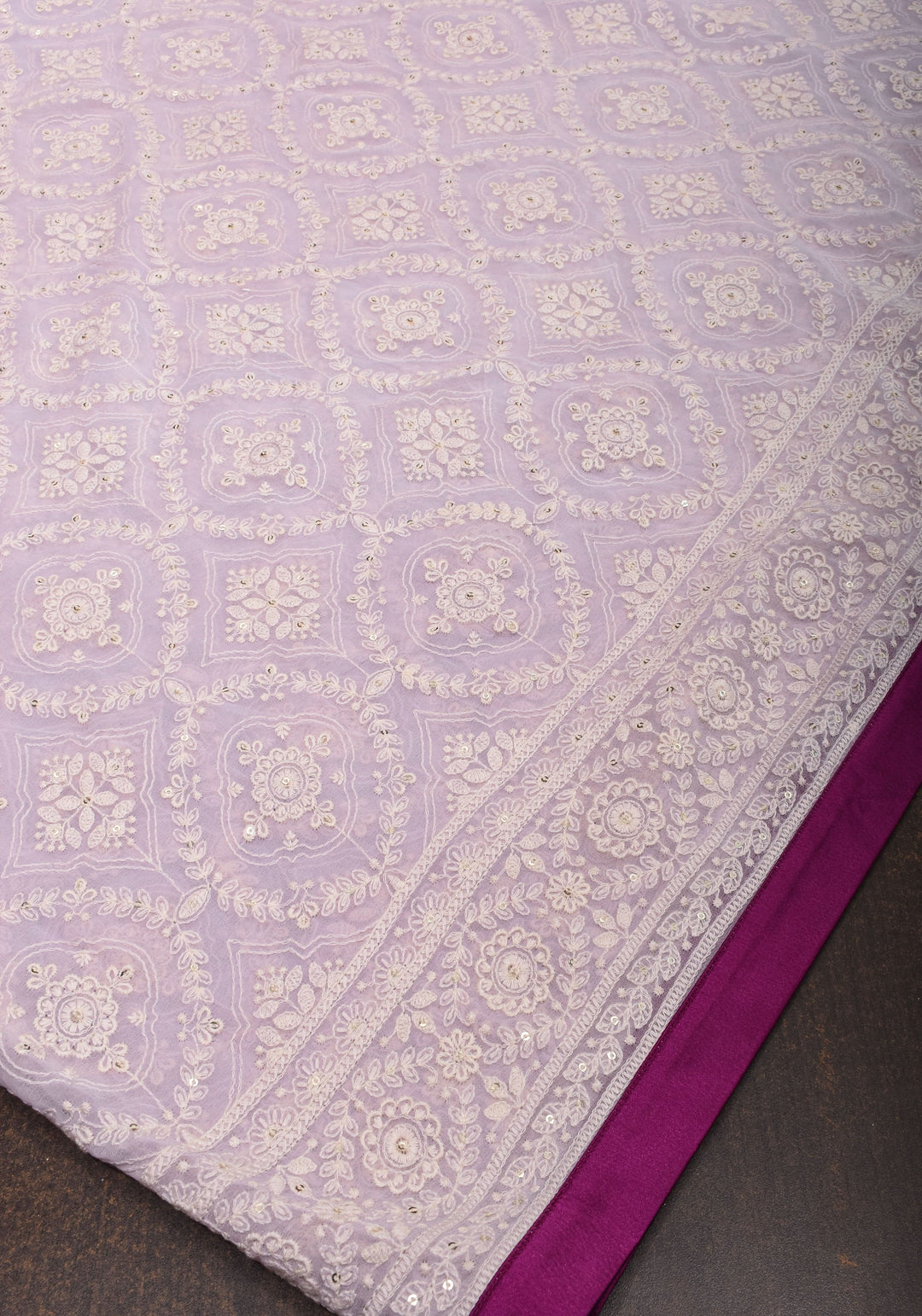 Lilac Georgette Saree with Self Embroidery and Contrasting Satin Trim