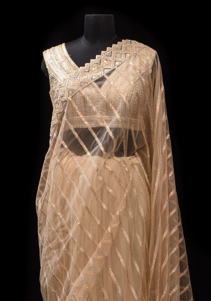 Beige tone Stripes Design Sequins on Net Saree