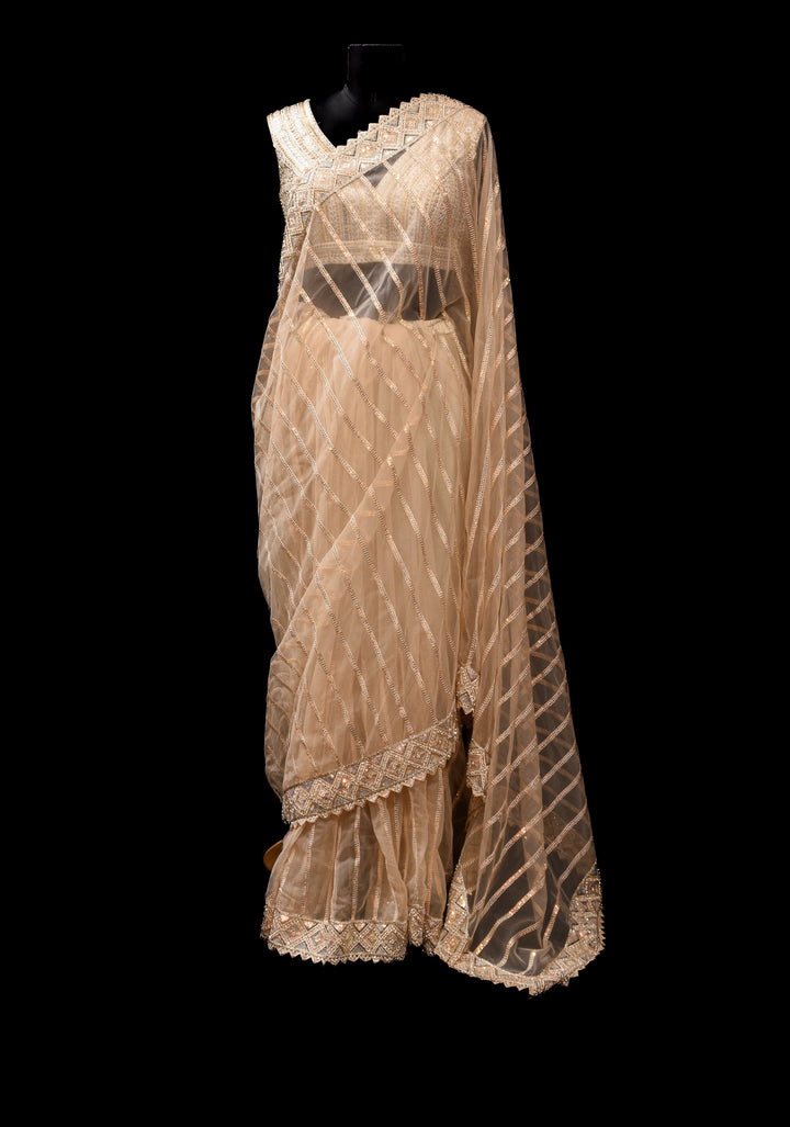Beige tone Stripes Design Sequins on Net Saree