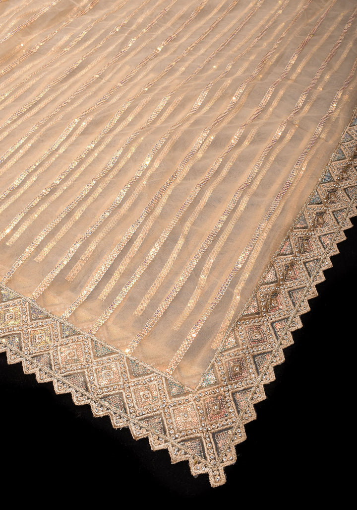 Beige tone Stripes Design Sequins on Net Saree