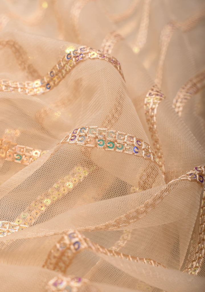 Beige tone Stripes Design Sequins on Net Saree