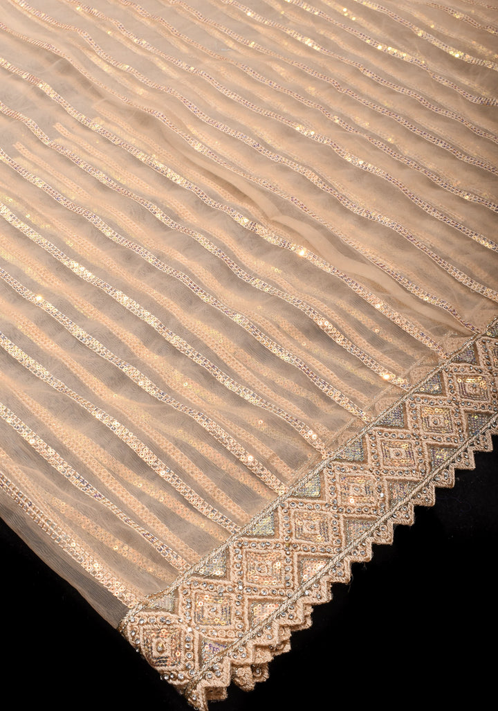 Beige tone Stripes Design Sequins on Net Saree