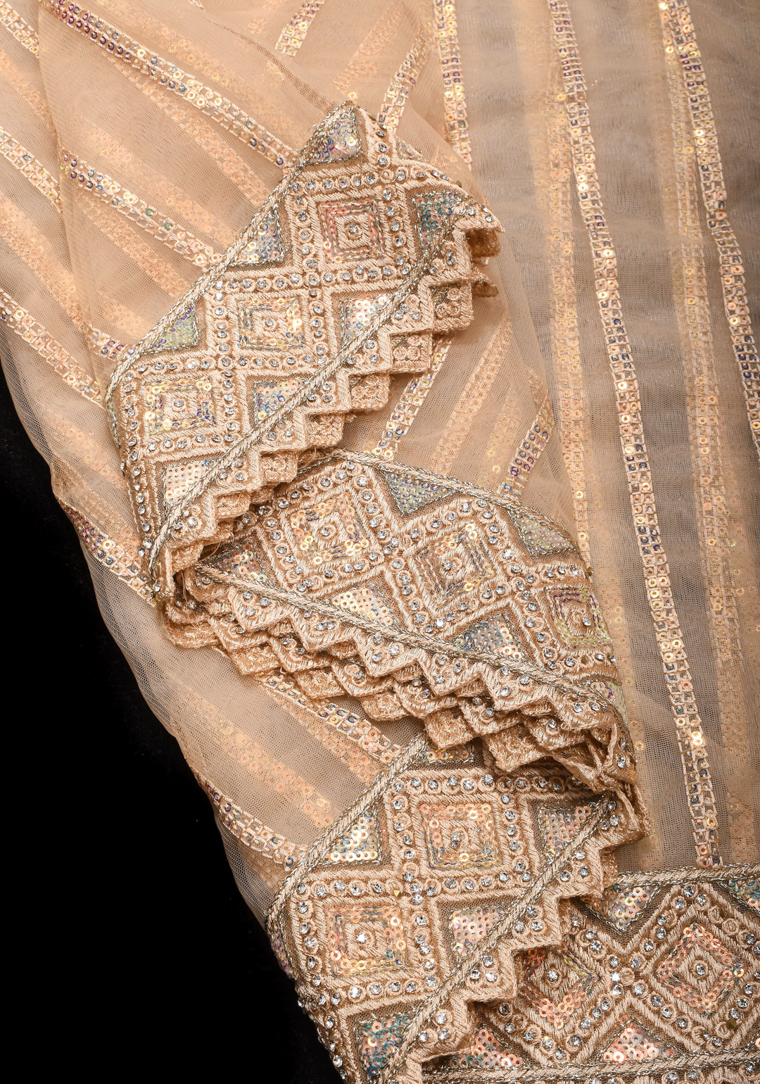 Beige tone Stripes Design Sequins on Net Saree