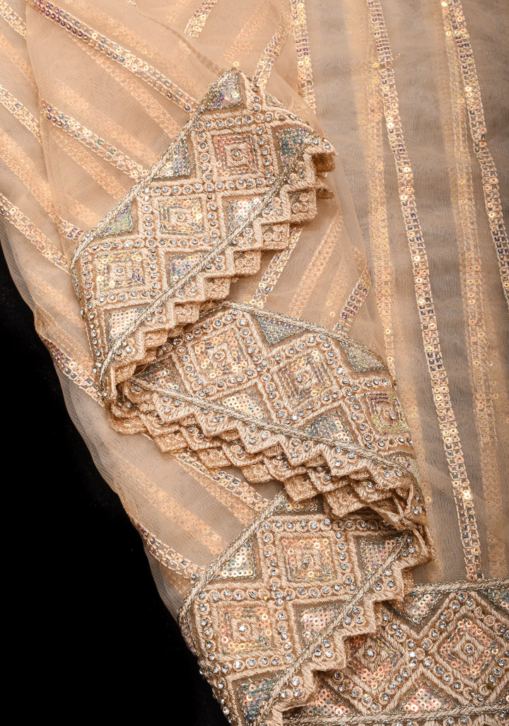 Beige tone Stripes Design Sequins on Net Saree
