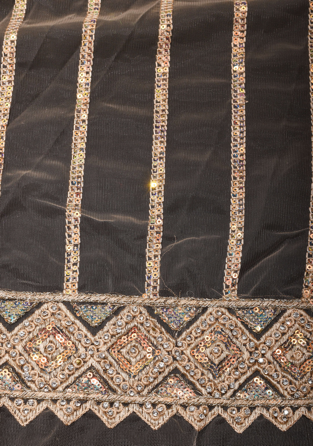 Beige tone Stripes Design Sequins on Net Saree