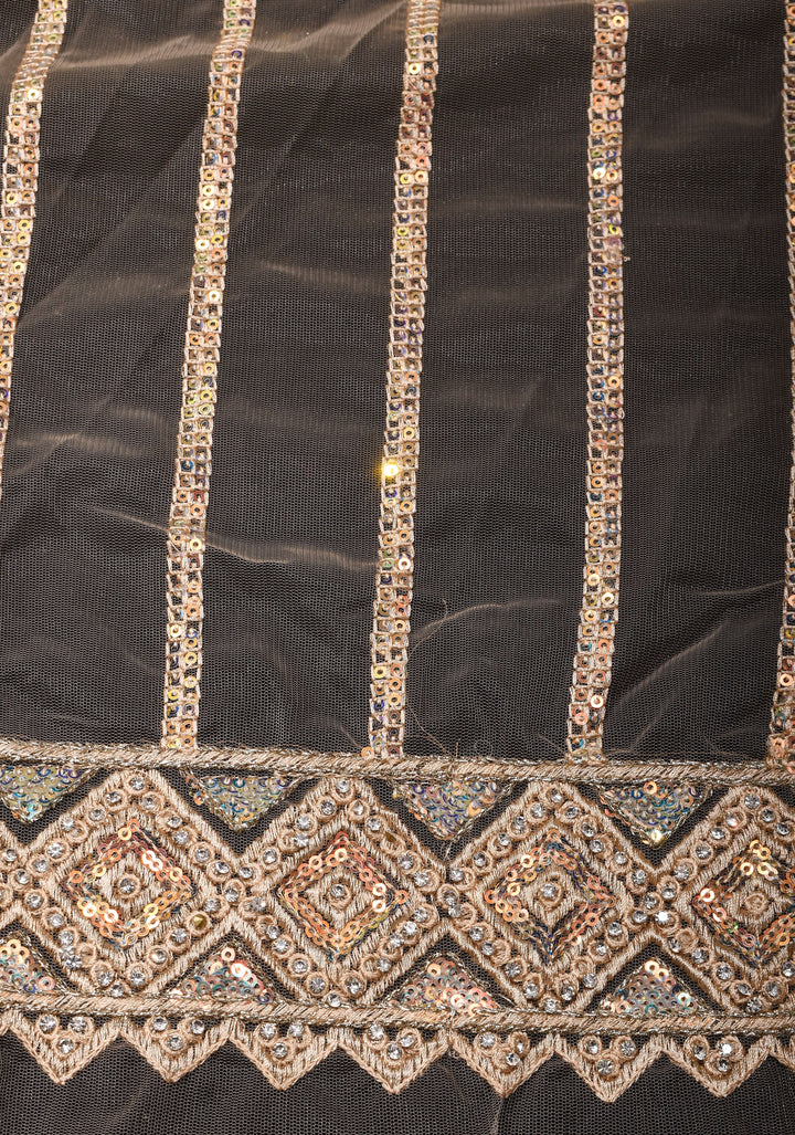 Beige tone Stripes Design Sequins on Net Saree