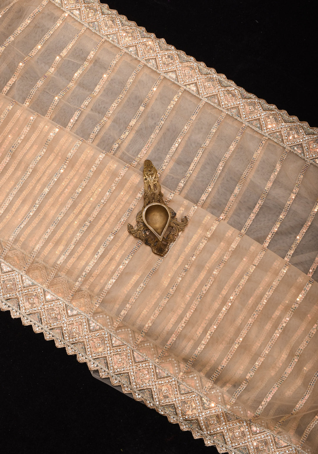 Beige tone Stripes Design Sequins on Net Saree