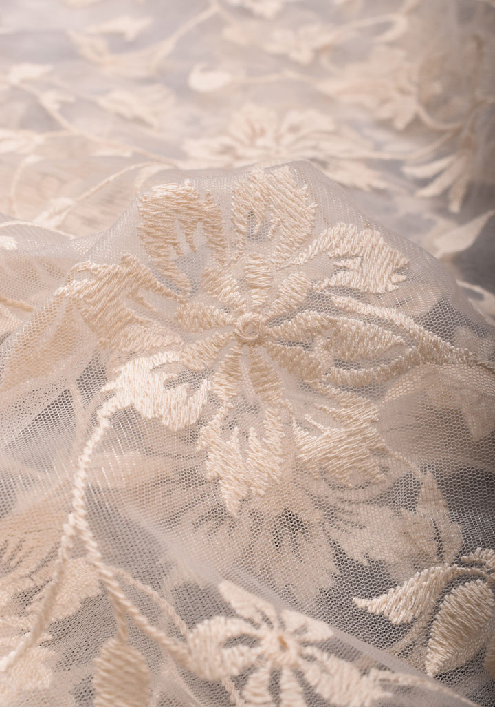 Ivory Floral Embroidery Design with Stone work on Net Saree and Scallop Border