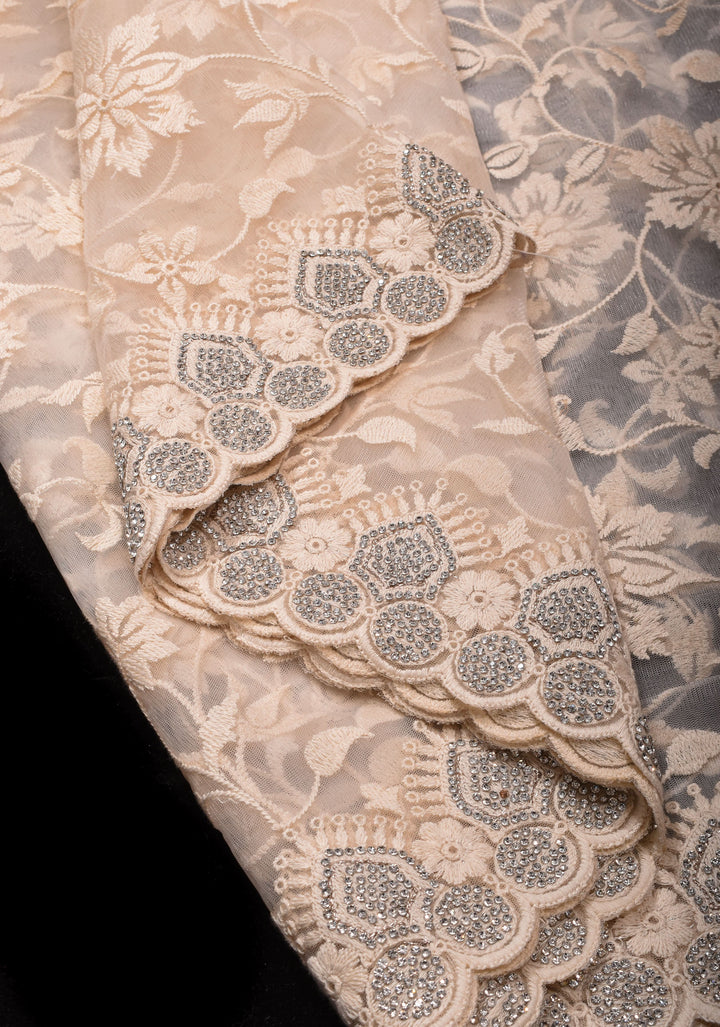Ivory Floral Embroidery Design with Stone work on Net Saree and Scallop Border