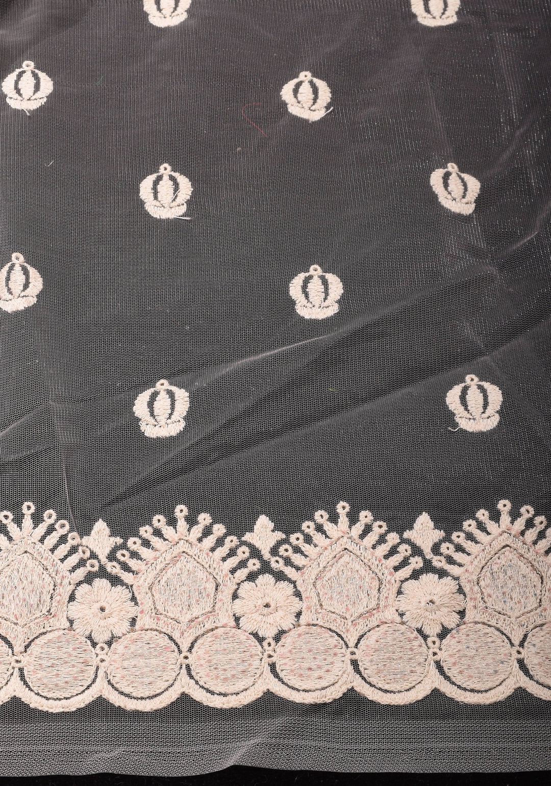 Ivory Floral Embroidery Design with Stone work on Net Saree and Scallop Border