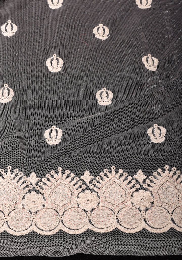 Ivory Floral Embroidery Design with Stone work on Net Saree and Scallop Border