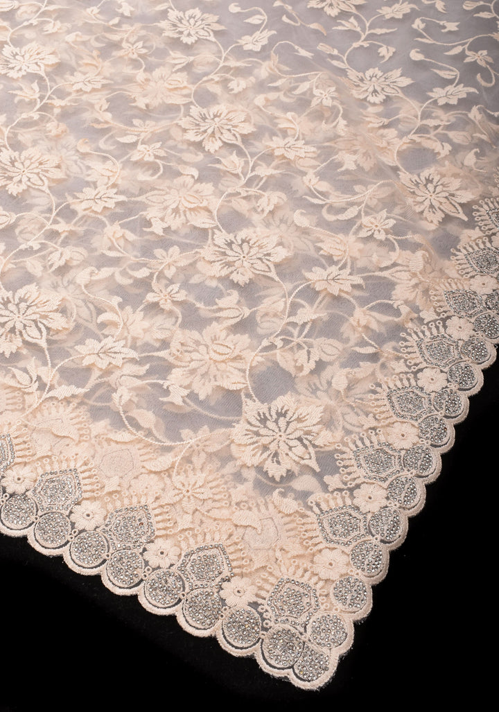 Ivory Floral Embroidery Design with Stone work on Net Saree and Scallop Border