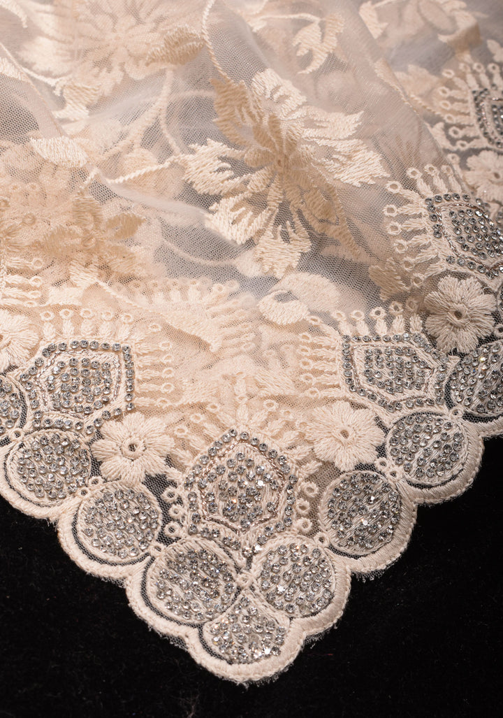 Ivory Floral Embroidery Design with Stone work on Net Saree and Scallop Border