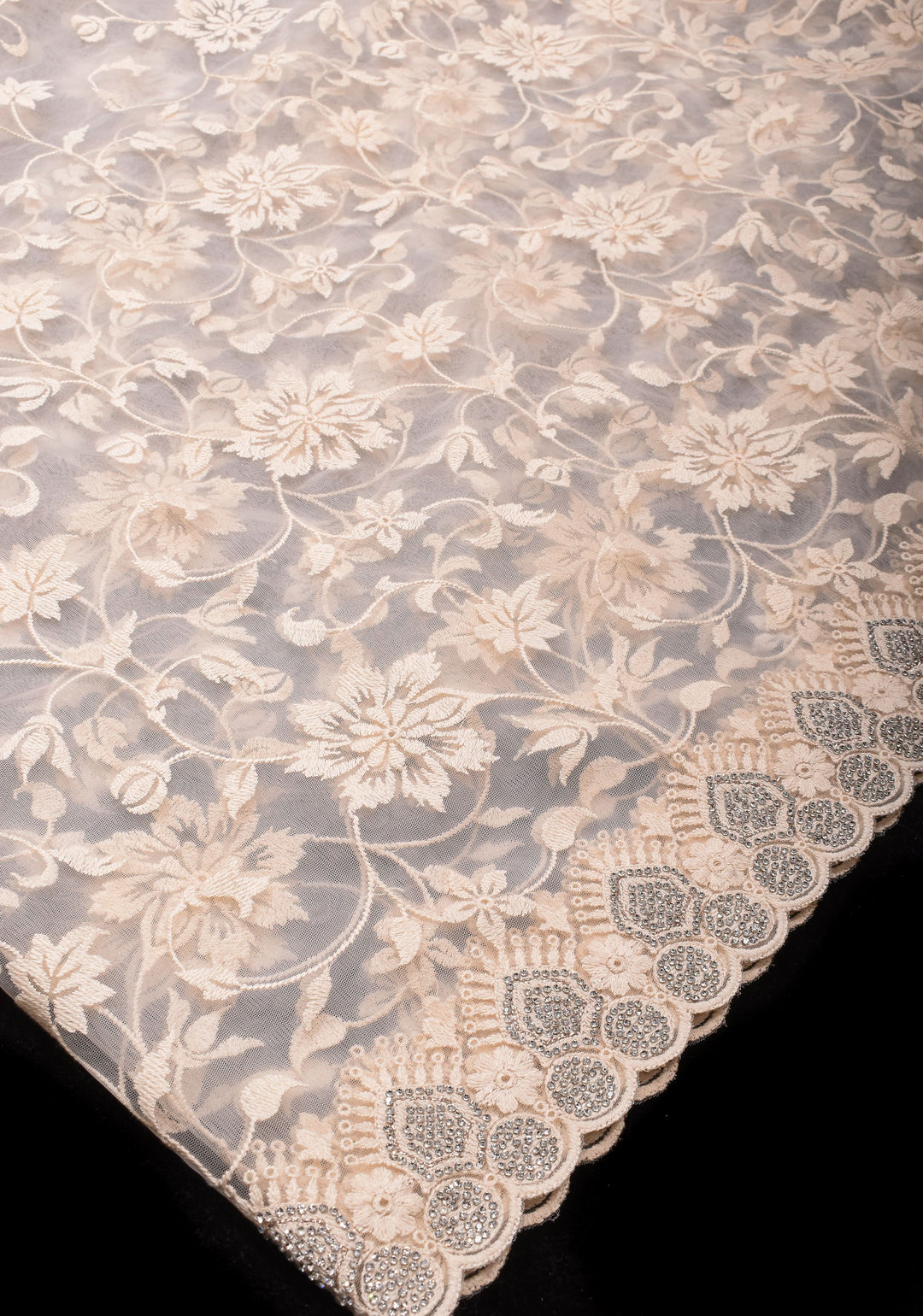 Ivory Floral Embroidery Design with Stone work on Net Saree and Scallop Border