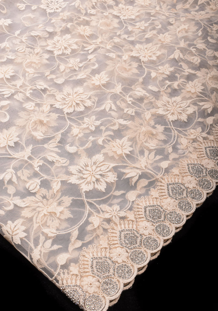 Ivory Floral Embroidery Design with Stone work on Net Saree and Scallop Border