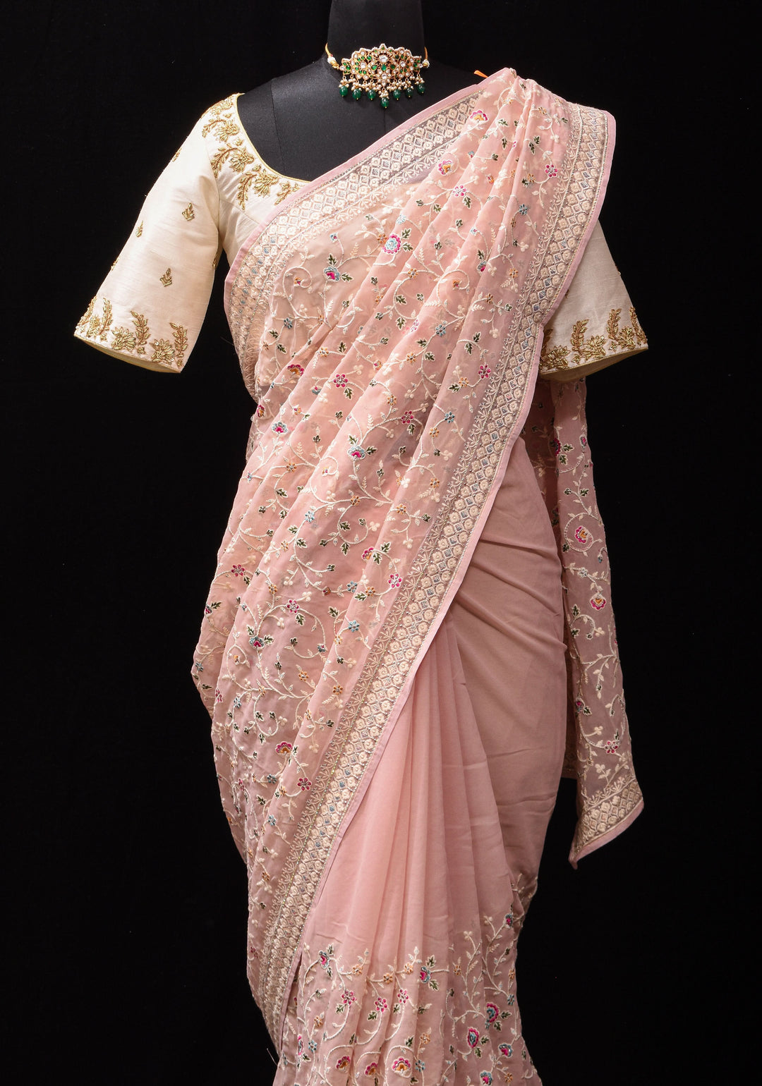 Georgette Saree with Floral Embroidery in Dusty Peach with Dainty Stones Embellishments | SHOBITAM
