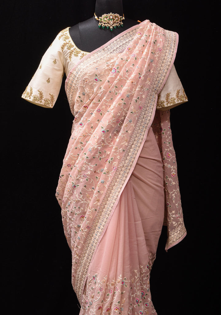 Georgette Saree with Floral Embroidery in Dusty Peach with Dainty Stones Embellishments | SHOBITAM