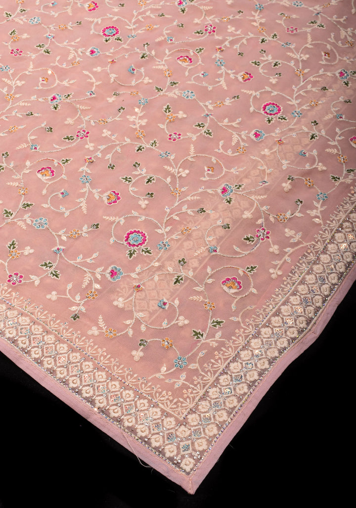 Georgette Saree with Floral Embroidery in Dusty Peach with Dainty Stones Embellishments | SHOBITAM