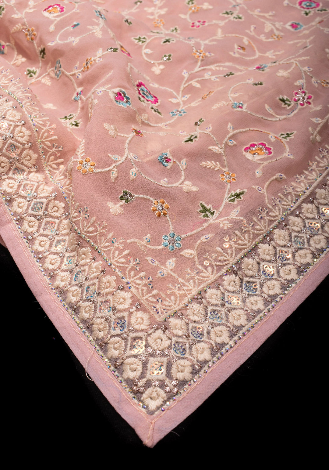 Georgette Saree with Floral Embroidery in Dusty Peach with Dainty Stones Embellishments | SHOBITAM