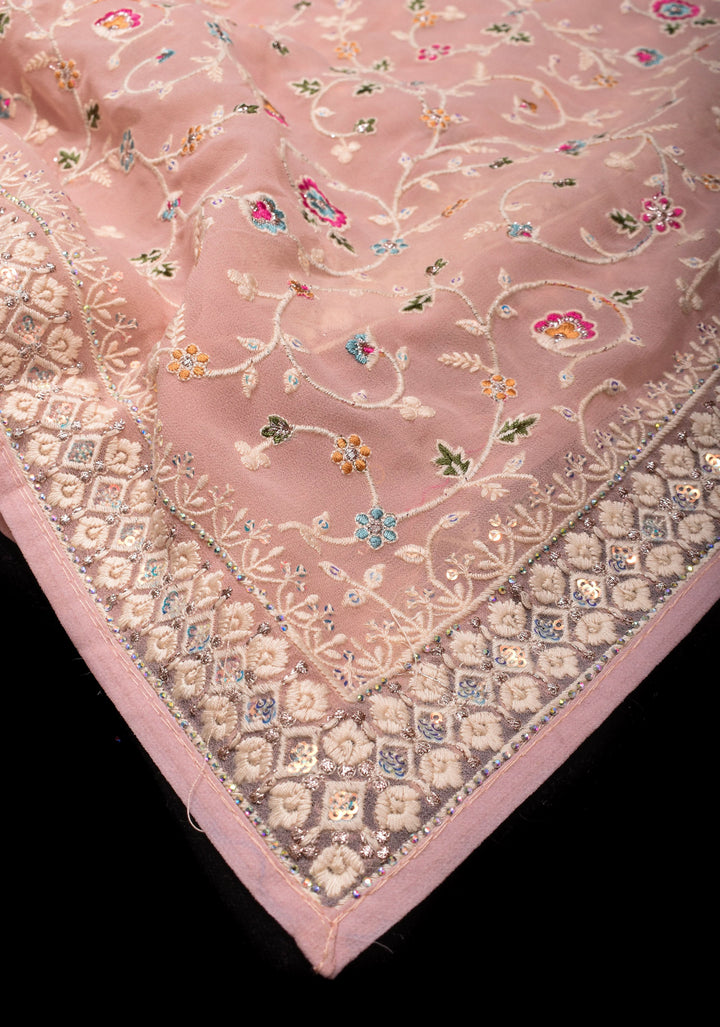 Georgette Saree with Floral Embroidery in Dusty Peach with Dainty Stones Embellishments | SHOBITAM