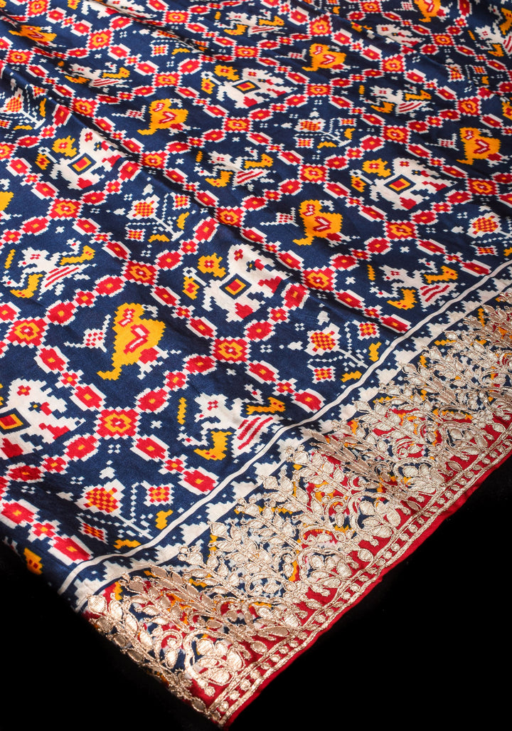 Blue Gajji Silk Saree with Gotta Patti Border and Patola Digital Print