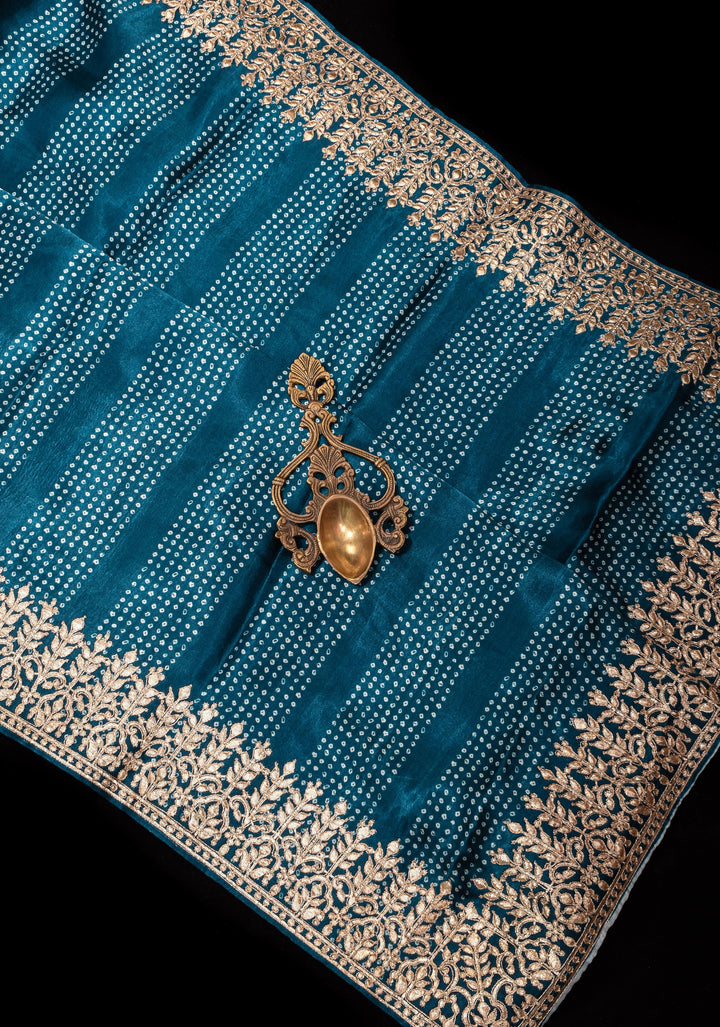 Teal Gajji Silk Saree with Gotta Patti Border and Digital print stripes Bandhani