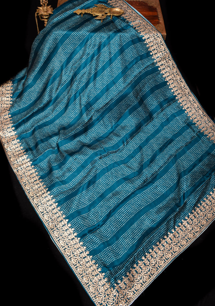 Teal Gajji Silk Saree with Gotta Patti Border and Digital print stripes Bandhani