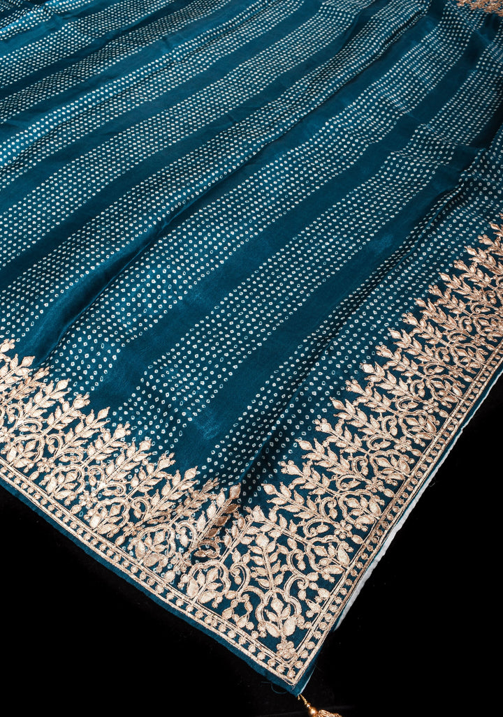 Teal Gajji Silk Saree with Gotta Patti Border and Digital print stripes Bandhani