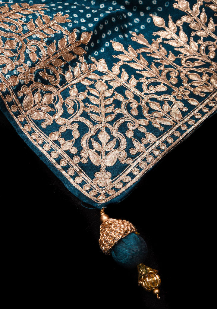 Teal Gajji Silk Saree with Gotta Patti Border and Digital print stripes Bandhani