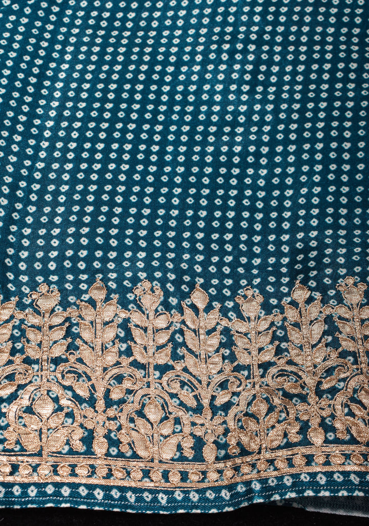 Teal Gajji Silk Saree with Gotta Patti Border and Digital print stripes Bandhani