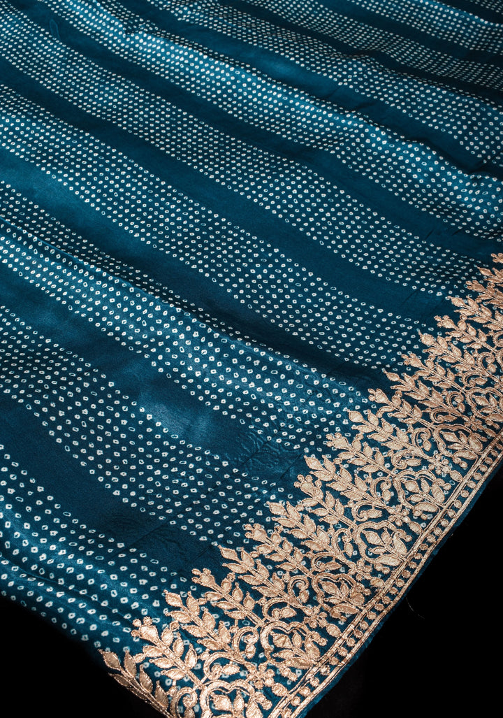 Teal Gajji Silk Saree with Gotta Patti Border and Digital print stripes Bandhani