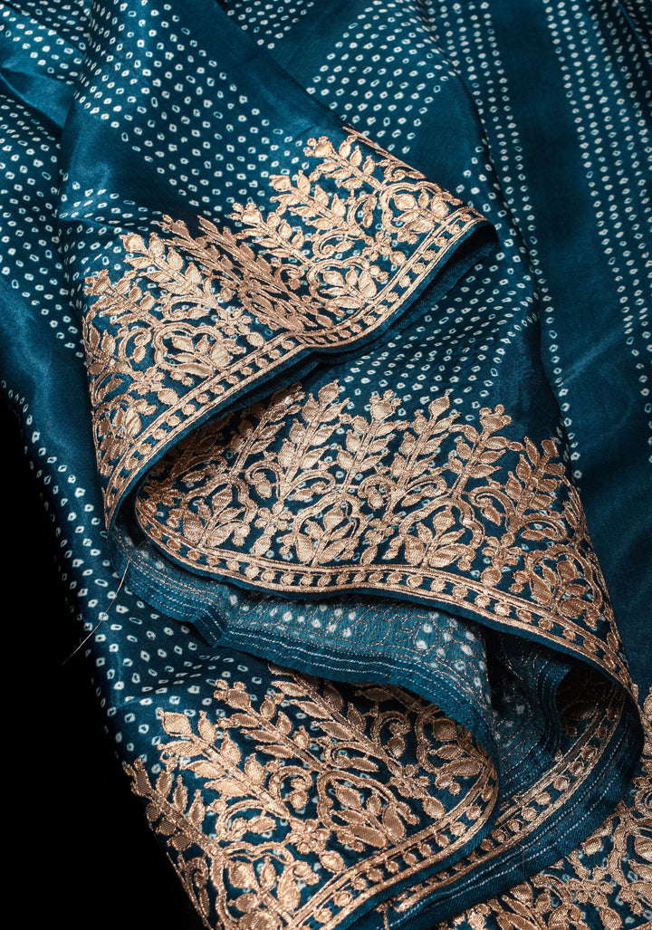 Teal Gajji Silk Saree with Gotta Patti Border and Digital print stripes Bandhani